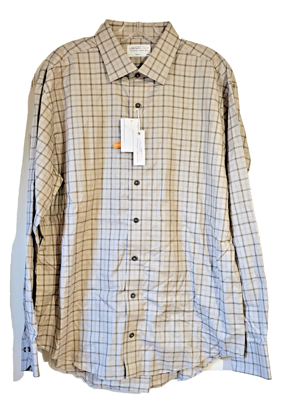 Lorenzo Uomo Trim Fit Dress Shirt Men's 17 34/35 Beige Windowpane Plaid NWT
